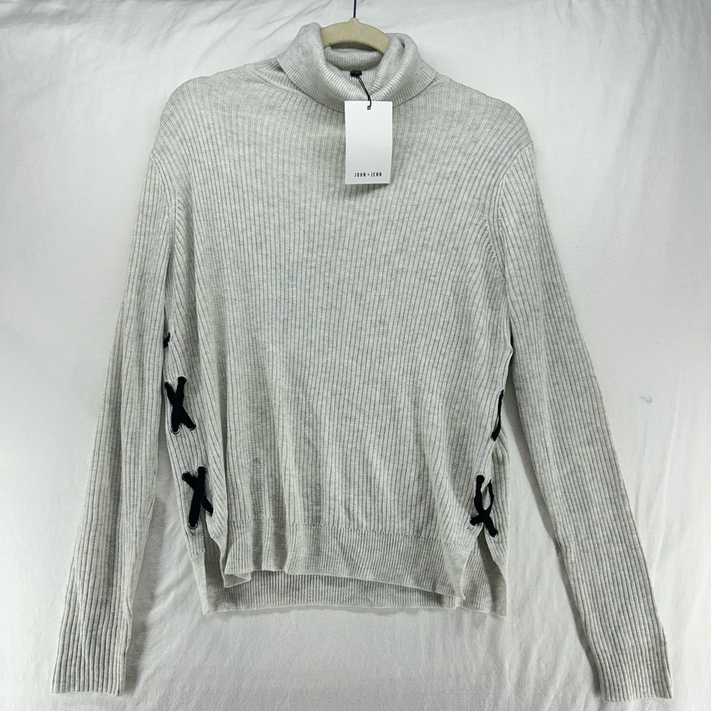 John + Jenn By Line Max Cream Gray Knit Pullover‎ Sweater Tie Side Turtleneck S